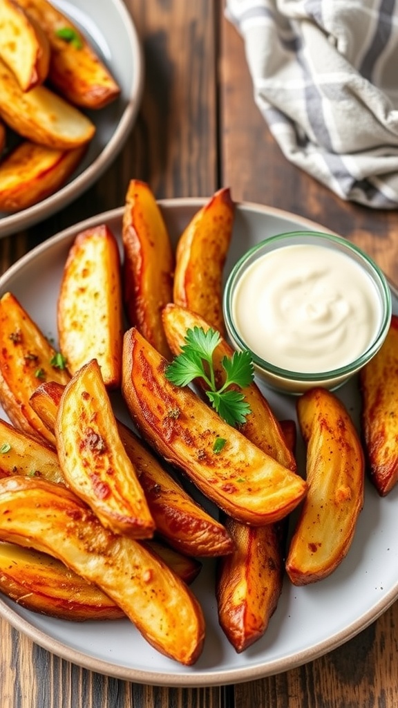 Crispy Air Fryer Potato Wedges Recipe Crispy air fryer potato wedges served with dipping sauce and fresh parsley on a rustic table.